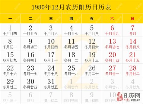 1980年12月|1980年日历表,1980年农历表（阴历阳历节日对照表）